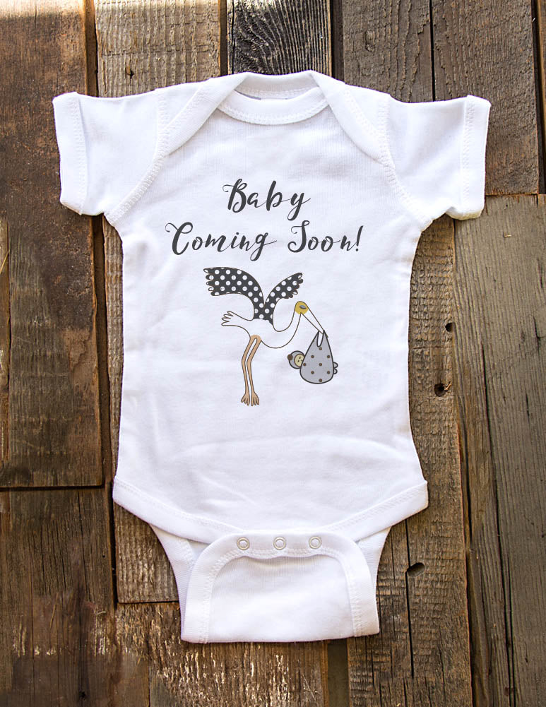 Baby Coming Soon - Stork Design - Baby Birth Pregnancy Announcement Onesie Bodysuit